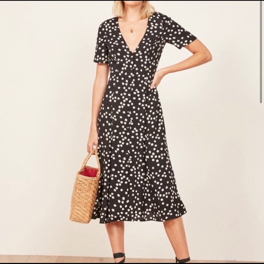 Reformation Black Midi Dress with White Polka Dot Print